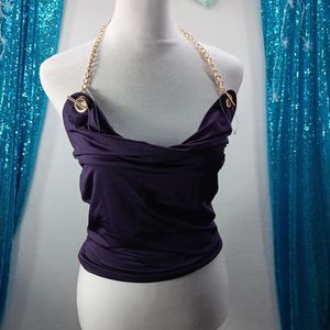 NWT Thirty Thirty Size S Cowl Neck Gold Chain Accent Tube Top Purple Stretch